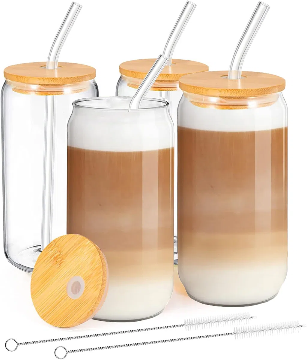 Trinkgläser mit Deckel und Strohhalm,Cocktailgläser Eiskaffee Gläser 500ml,Iced Coffee Glas,Kaffee & Matcha Gläser,Glasbecher ideal für Smoothie,Latte,Macchiato,Whiskey,Geschenk (4Pack)