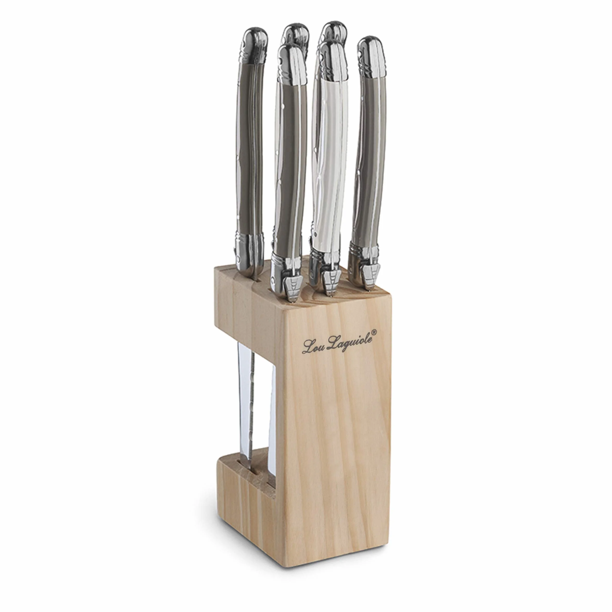 Lou Laguiole Steakmesser Set 6-teilig | 2511 Steakmesser mit Tradition und Stil | Griffe in Pfeffer, Perle & Taupe | Wellenschliff Messer