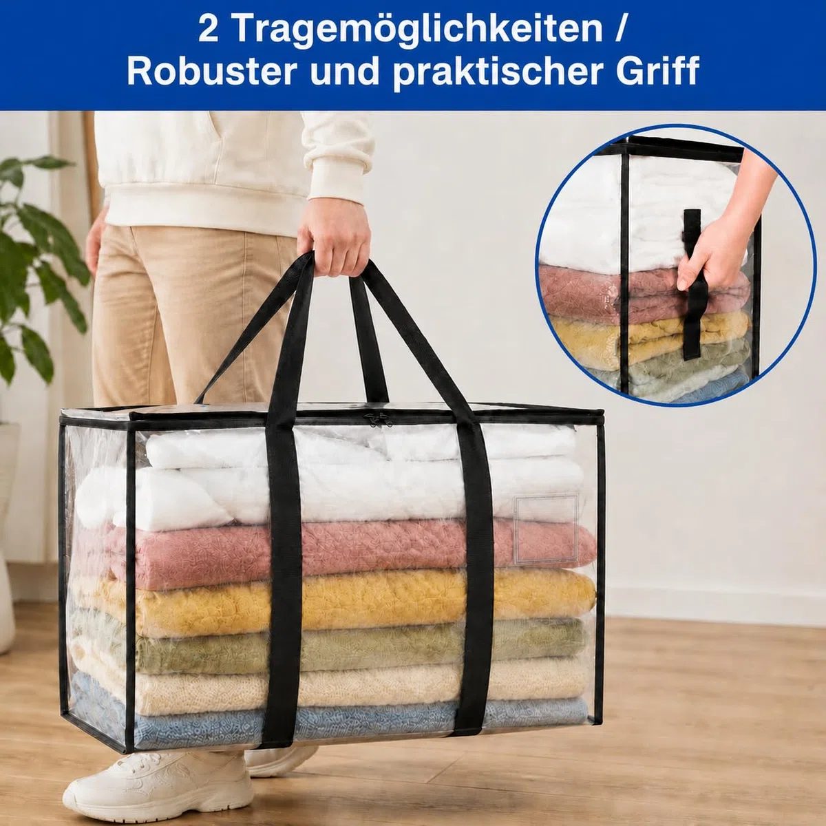 Aufbewahrungstasche groß 94L 4 Stück Große umzugskartons Faltbare Kleideraufbewahrung mit Reißverschluss Tragegriffen Sichtfenster für Bettdecken Kleidung Umzug (2x Transparent+2 Schwarz mit Fenster)