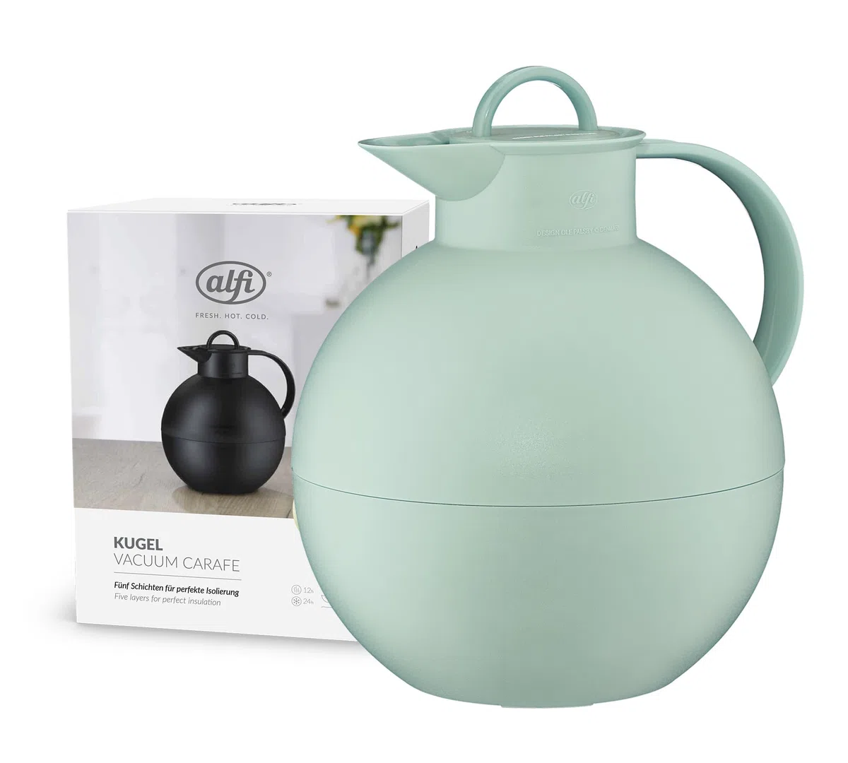 alfi KUGEL Isolierkanne mintgrün 0,94l, 12h heiß & 24h kalt, hygienischer Hartglaseinsatz, Drehverschluss, ideal als Kaffeekanne, Teekanne