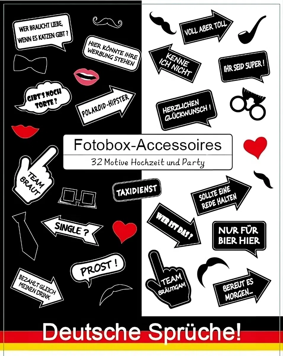 Photo Booth Deutsche Sprüche Hochzeits-Wedding und Party-Fotobox-Accessoires Fotoautomat Requisiten Props Accessoires 32 Motiven