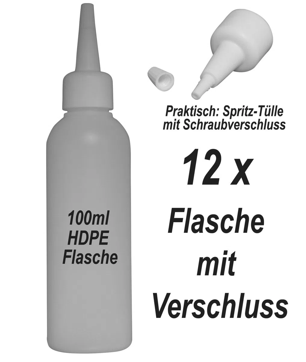 12 Stück HD-PE-Flaschen 100 ml mit weißer Spritztülle - Leerflasche Kunstoffflasche Plastikflasche Spritzflasche Liquid-Quetschflasche mit Aufträgerspitze zum befüllen und mischen