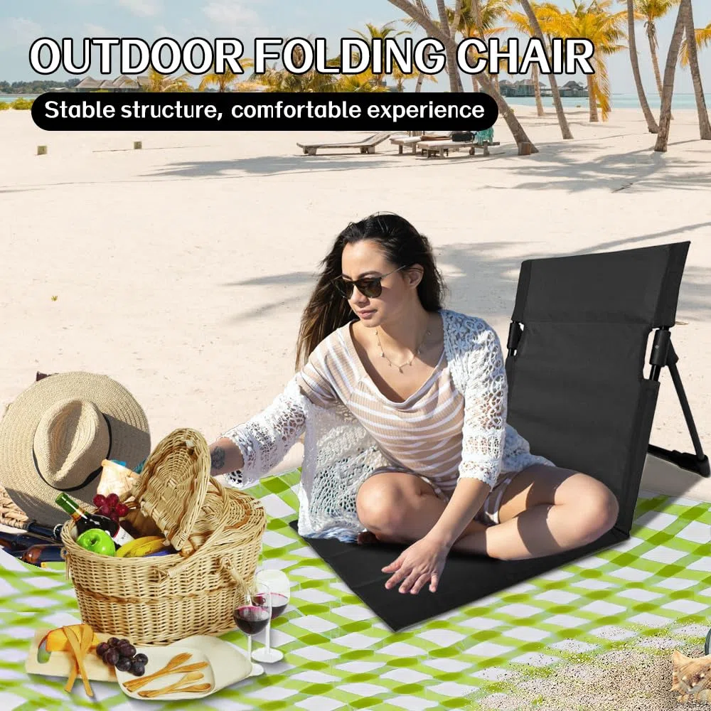 Strandmatte mit Rückenlehne, Bodenstuhl Gefaltetes Sitzkissen mit Tasche, Strandliege Klappbar Leicht Verstellbare, Tragbar Strandmatte Klappbar für Garten Camping Picknick Strand (Schwarz)
