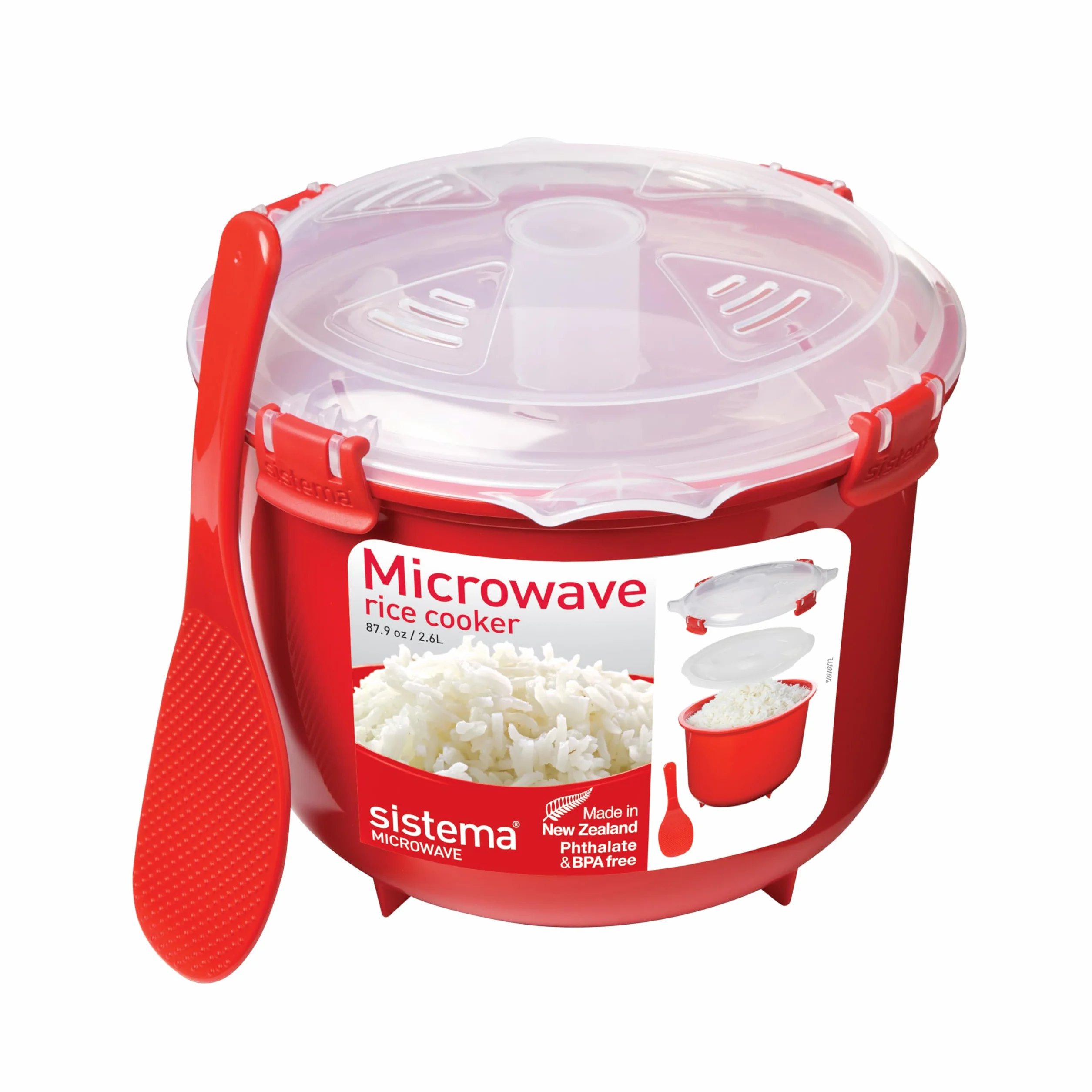 Sistema Microwave Reiskocher | 2,6 l | Spülmaschinenfester kleiner Reiskocher | BPA-frei | Rot