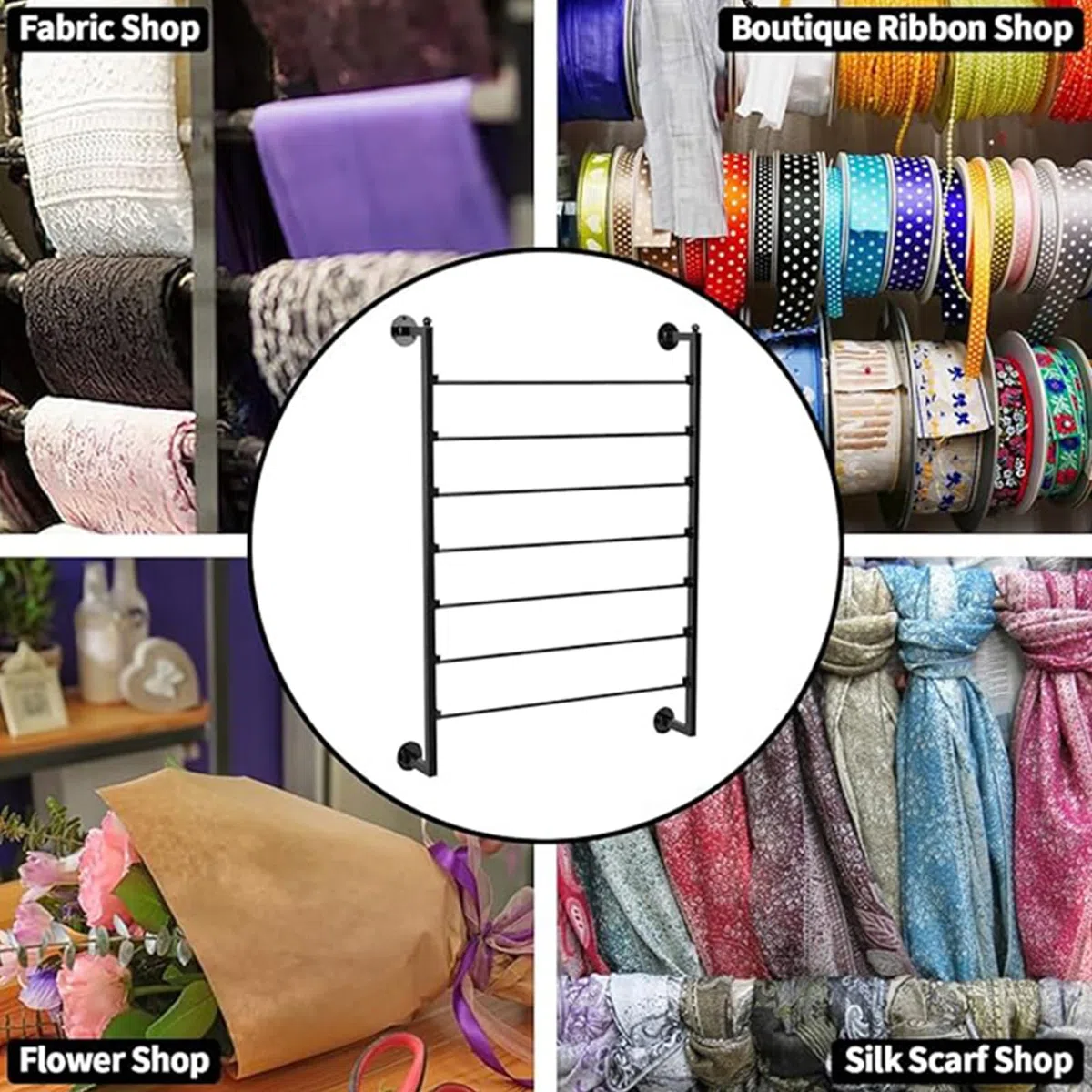 7-stufiger Eisen Schleifenband Halter Wandmontiertes Farbbandregal für Schlafzimmer & Bänder, Bastelräume und Konditoreien, tragbares Metallspulenregal Geschenkpapierhalter für Blumenladen