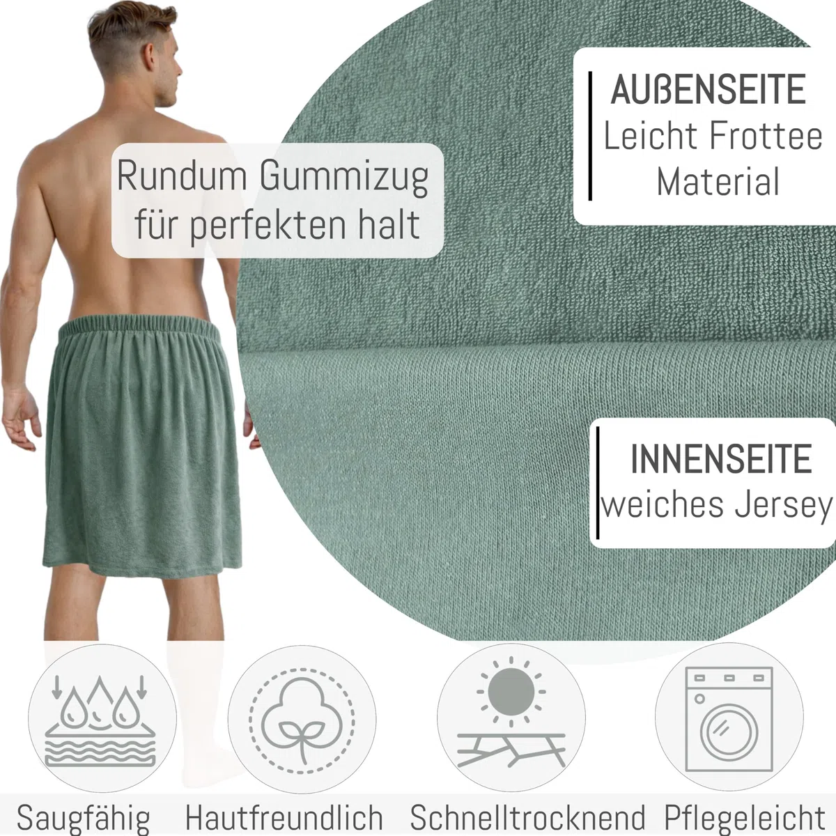 Leicht Frottee Saunakilt Herren - Saunahandtuch Baumwolle mit Gummizug und Knopf Saunatuch Mann Sauna Handtuch Kilt Männer Rock (Jade)