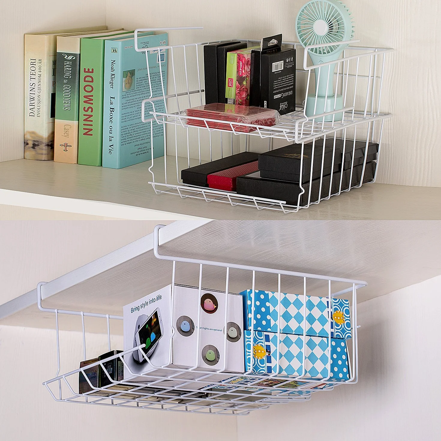 Unterregal Aufbewahrungskorb, 2er-Pack Unterregal Hängender Metalldraht Aufbewahrungskorb Organizer für Küche, Büro, Speisekammer, Bad, Schrank, Weiß