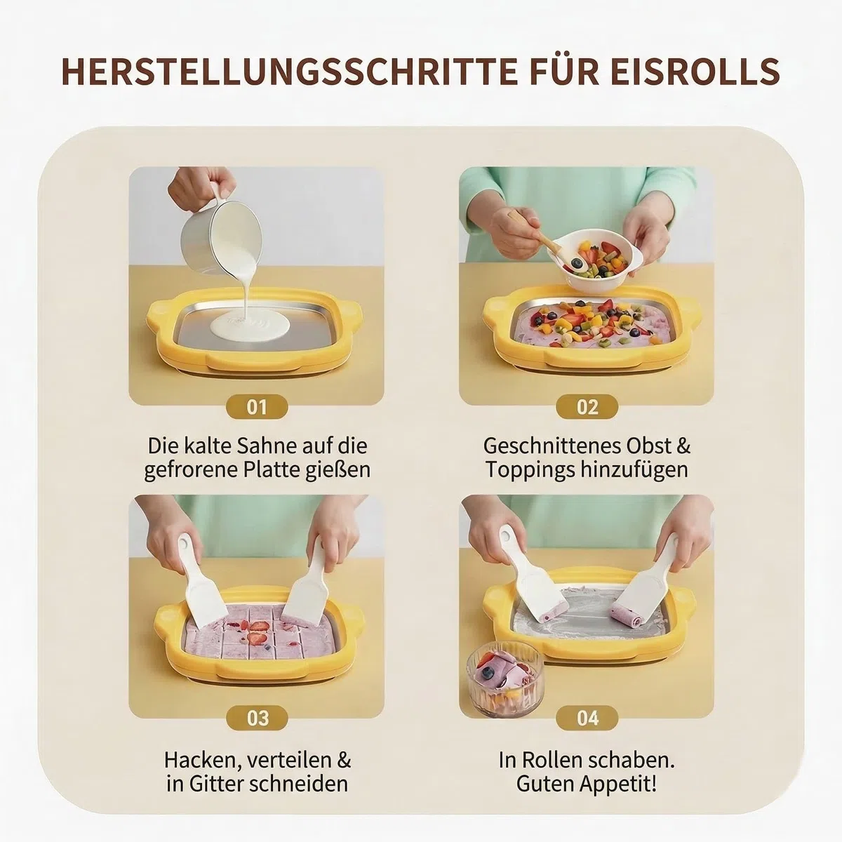 Eisplatte für Eis Rolls, Edelstahl 304, 25x20 cm, 2 Spatel, Lila | 304-Edelstahl, 25x20 cm, 2 Spatel, Silikonring und Anti-Kälte-Griffe; für Eis Rolls, Frozen Joghurt und Sorbet.