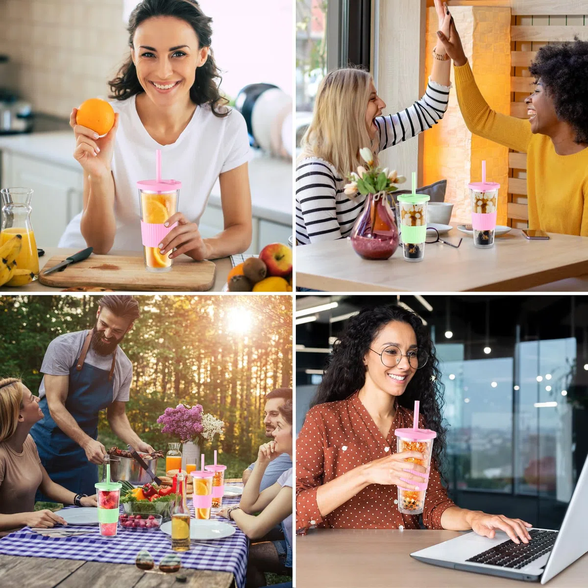 2er-Pack wiederverwendbare Bubble-Tee-Tasse, Boba- und Smoothie-Becher, 730ml/24oz Breitmaul-Doppelwand-Trinkgläser mit Strohhalm & Deckel, auslaufsicher für Eiskaffee, Milchshake (Grün&Rosa)