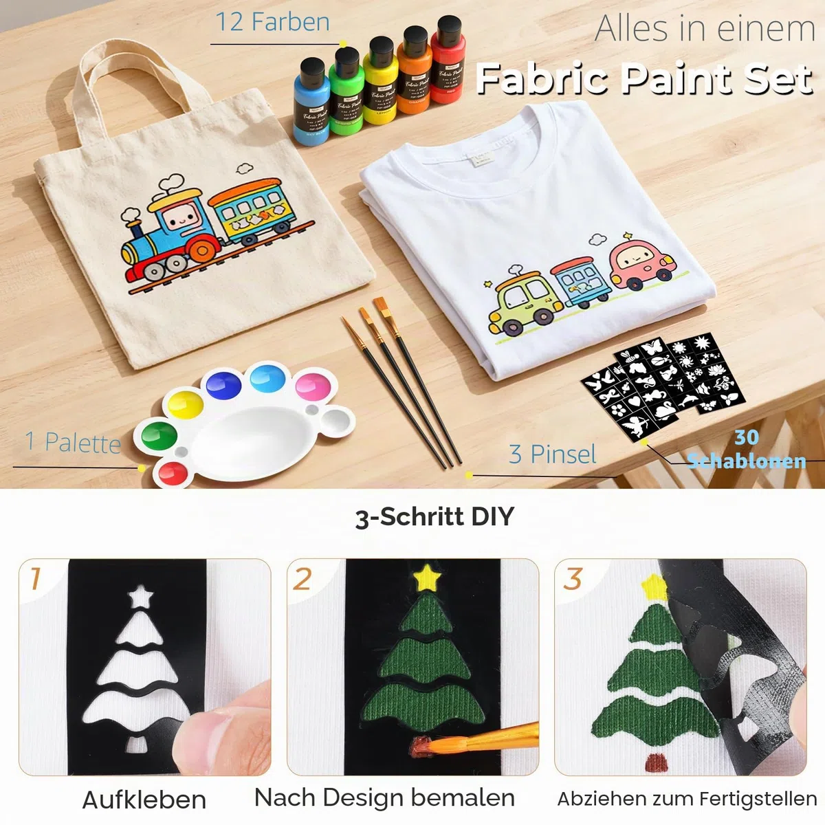 Nicpro Textilfarbe Waschmaschinenfest 12 Farben Je 30 ml, Stofffarben Waschfest, Stoffmalfarben mit 3 Pinsel, Palette, Vorlagen, Farbe für Kleidung, T-Shirts, Jeans, Taschen, Schuhe, Holz