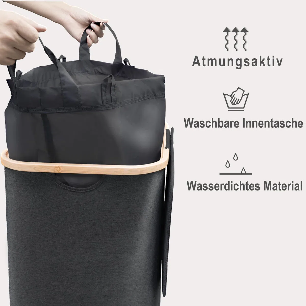 Schmaler Wäschekorb mit Deckel 100L, Bambusdeckel & herausnehmbarer Wäschesack, hoher Wäschesammler in Schwarz, platzsparende Wäschetruhe für Wohnzimmer, Waschküche, Schlafzimmer & kleines Bad