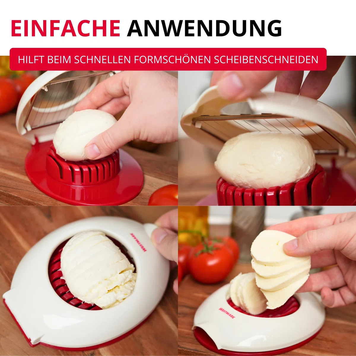 Westmark Mozzarellaschneider/-teiler, einzeln gespannte Schneiddrähte aus Edelstahl, Kunststoff/Rostfreier Edelstahl, Caprese, Rot/Weiß, 11642260, 17 x 13 x 3.1 cm