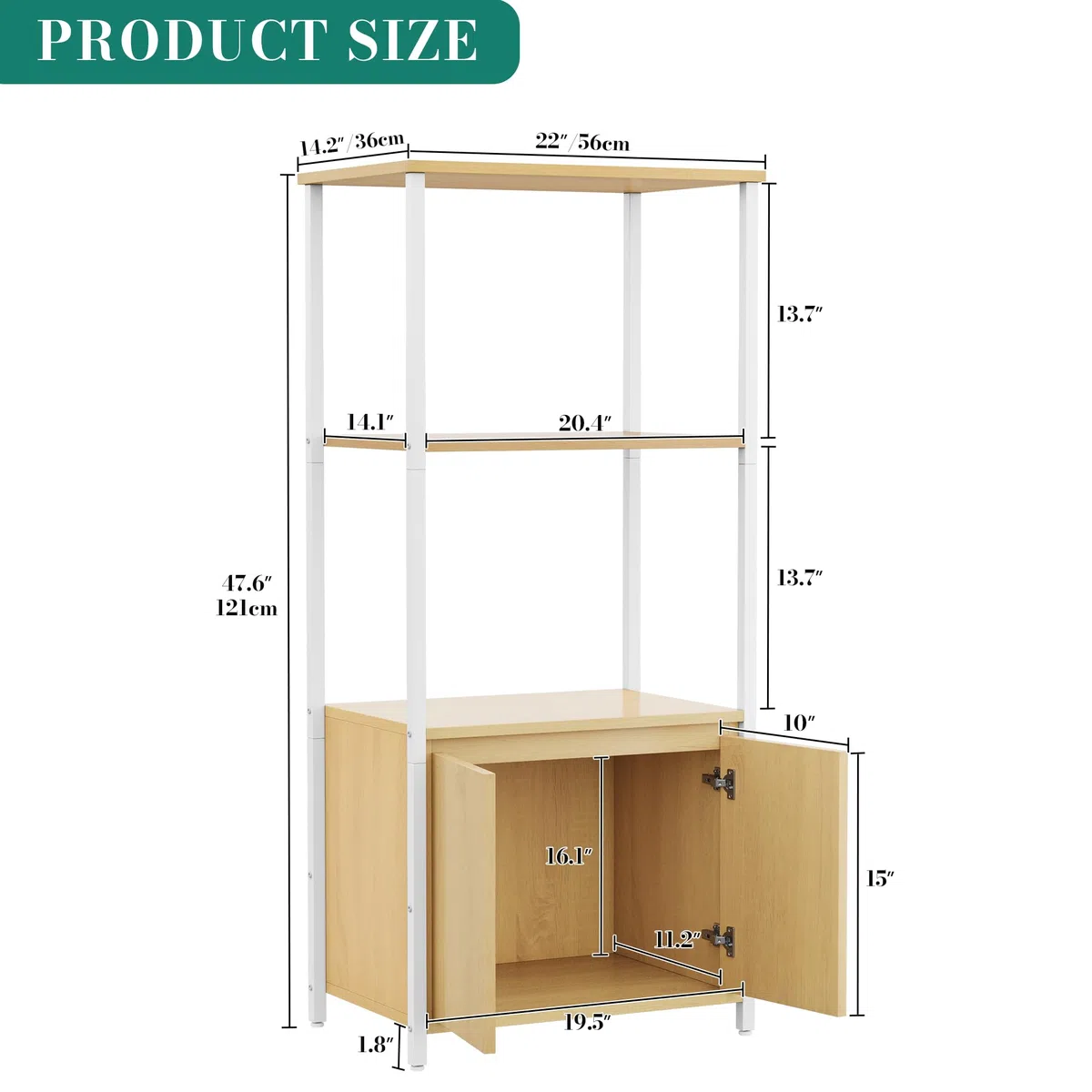 YITAHOME Küchenregale, Mikrowellenregal, Bäckergestelle für Küchen mit Stauraum, Kaffeebar, 3-stöckiger Snackständer mit Schrank, 56 x 36 x 121 cm, gelbe Eichenbretter, weiße Eisenrohre