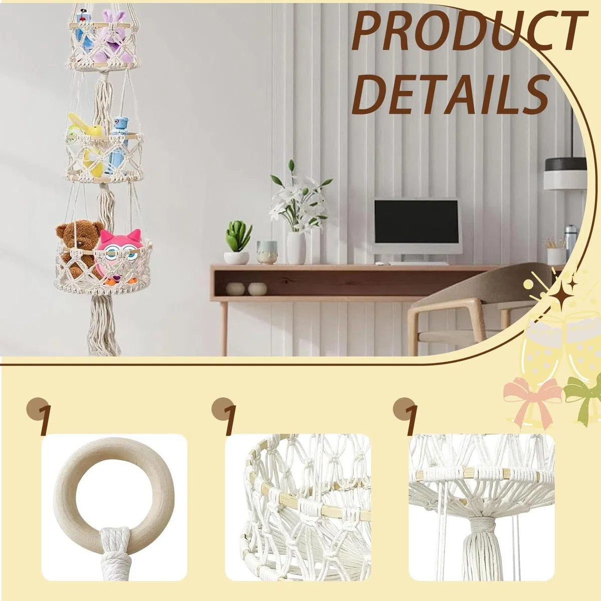 Obstkorb Hängend aus Baumwollseil, Bambus Hängekorb Obst, Böhmisches Bambuskreis Obstnetz,3 Stufiger Hängekorb, für Küche Wohnzimmer Badezimmer Schlafzimmer, 110CM (Beige)