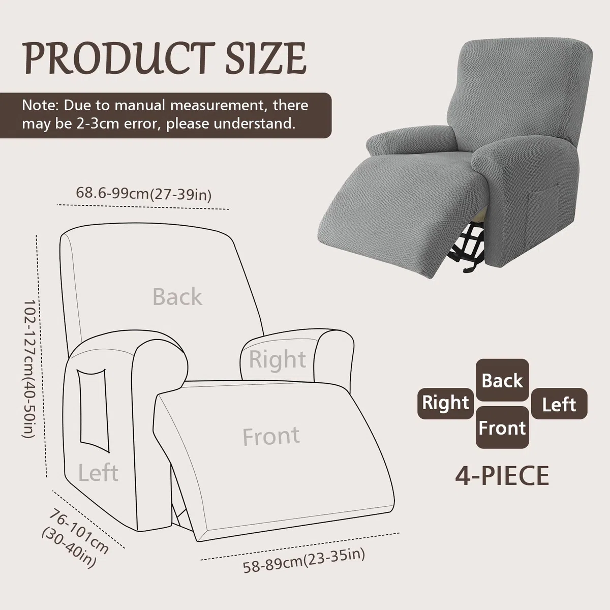 4-teilige Recliner Sofabezug, Stretchhusse für Relaxsessel Komplett Sesselschoner, All-Inclusive Sesselbezug, Stretch Sessel Überzug mit Taschen, Stretch Ruhesessel Bezug Mit Elastischem (Light gray)