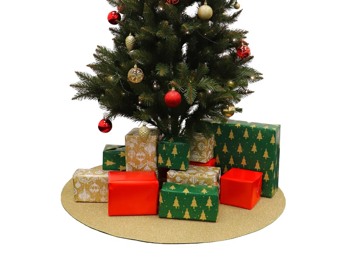 Primaflor Weihnachtsbaumunterlage Glimmer | Rund 30 cm | Gold | 5 mm hoch | schwer entflammbar Bfl-s1 | rutschsicherer Glitzerteppich für Weihnachtsbaum und Dekoration