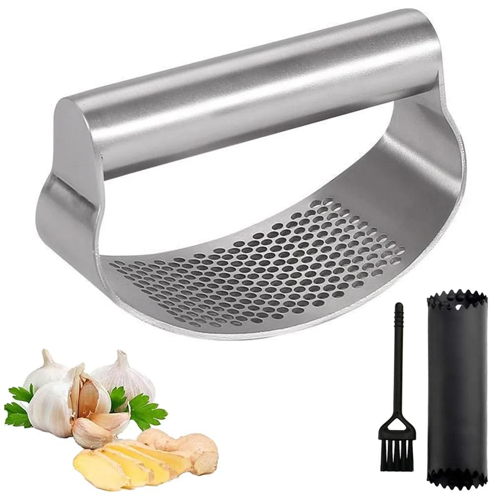 Knoblauchpresse Edelstahl, Knoblauchpresse Wippe, Küchenhelfer Garlic Press mit praktischem Reinigungsbürstchen und Silikon Knoblauchschäler Set