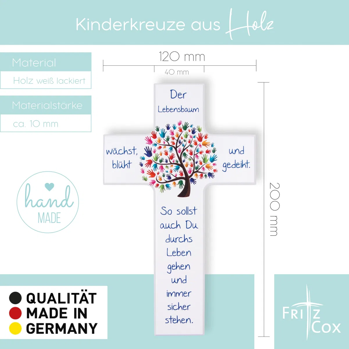 Fritz Cox Holz-Wandkreuz mit Lebensbaum-Motiv und bunten Kinderhänden als Blätter | Mit Spruch Der Lebensbaum wächst, blüht und gedeiht | Inklusive personalisierbarer Geschenkkarte | Weiß | 20cm