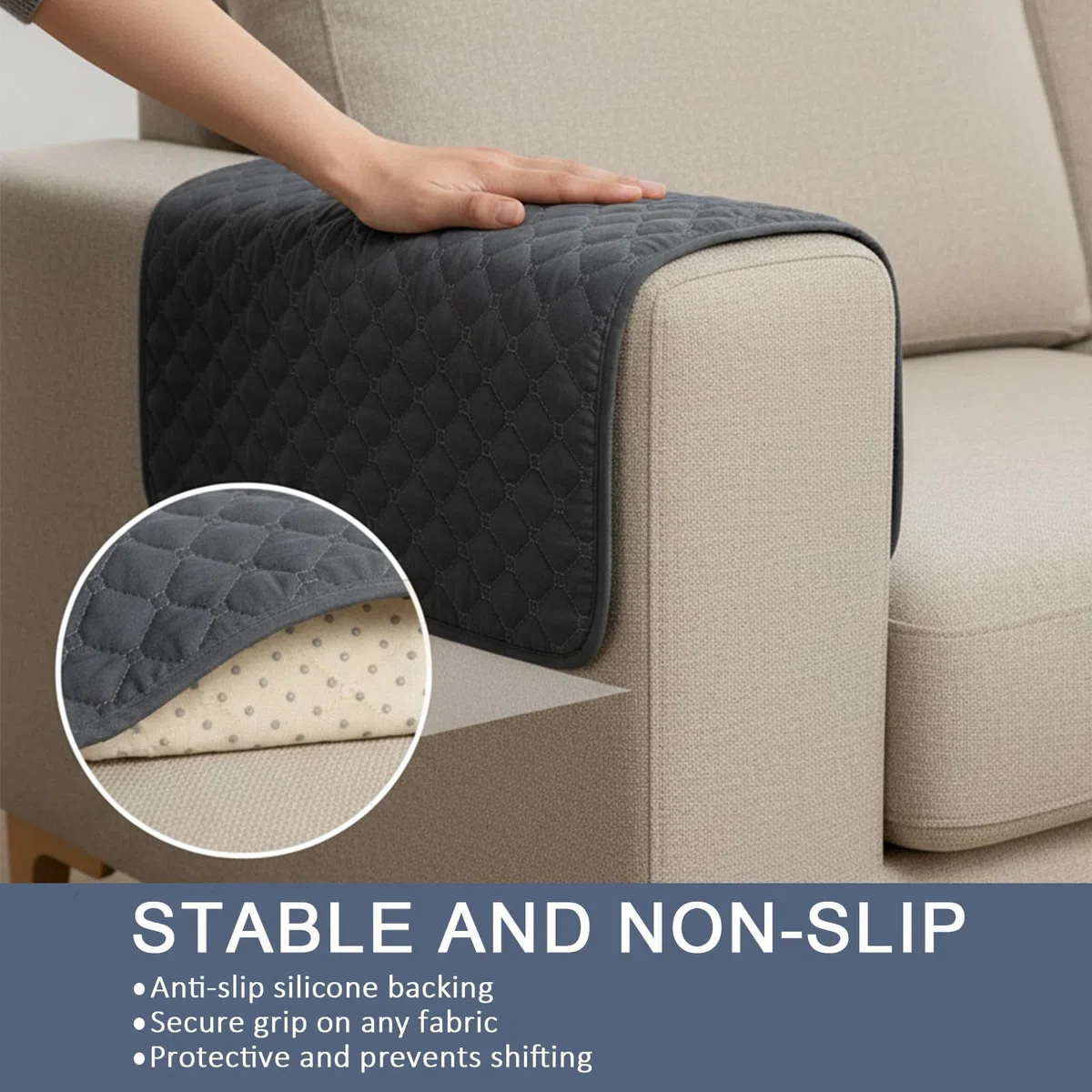 Sofa Armlehnen Organizer, Sesselschoner mit Seitentasche für Fernbedienung, Rutschfester Sofa Schoner für Couch & Sessel, Maschinenwaschbarer Möbelschutz 60x40 cm (Grau)