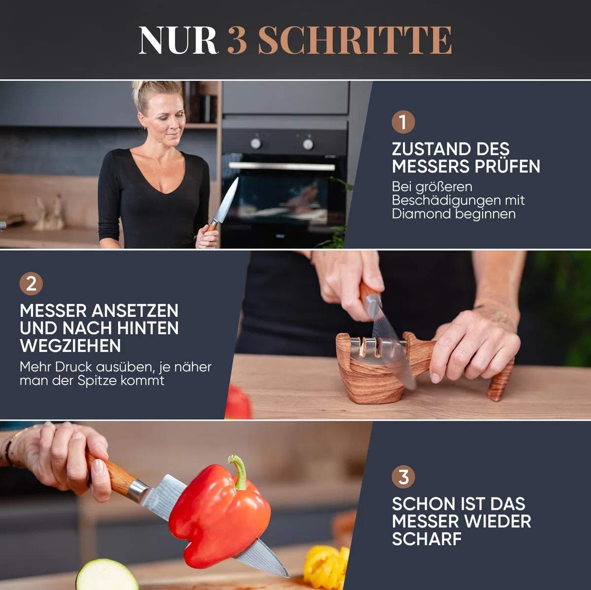 Diamant Messerschärfer Profi [3-in-1] – Testsieger Messerschleifer | manuell Messer schärfen & schleifen | Knife Sharpener mit 3 Stufen System (Diamant, Stahl, Keramik) – Das Original From Mom by FM