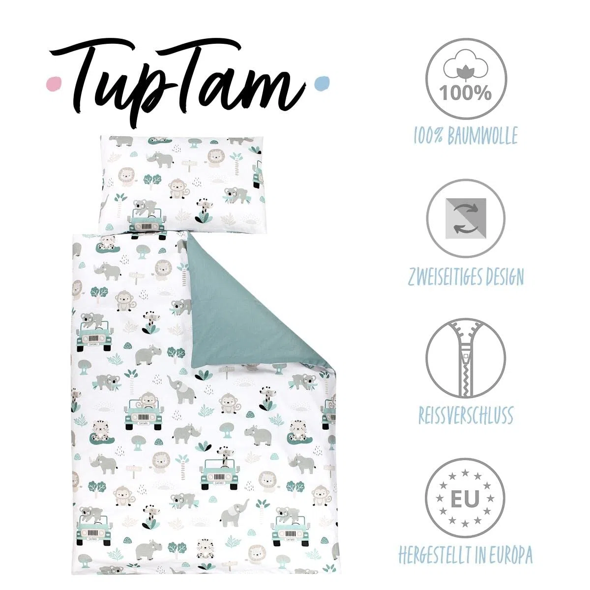 TupTam Kinder Bettwäsche Gemustert 2-Teilig Wendebettwäsche, Farbe: Zoo Grün, Größe: 135x100 cm