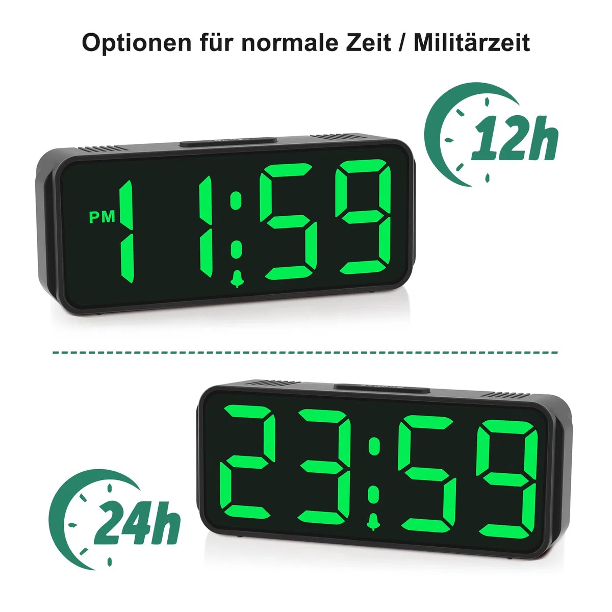 Eachui Wecker Digital Batteriebetrieben, Automatischer Dimmer, Ohne Ticken wecker für Kinder Kleiner, Uhr Lautstärke und Helligkeit Einstellbar, Snooze, 12/24HR(Grün Ziffern)