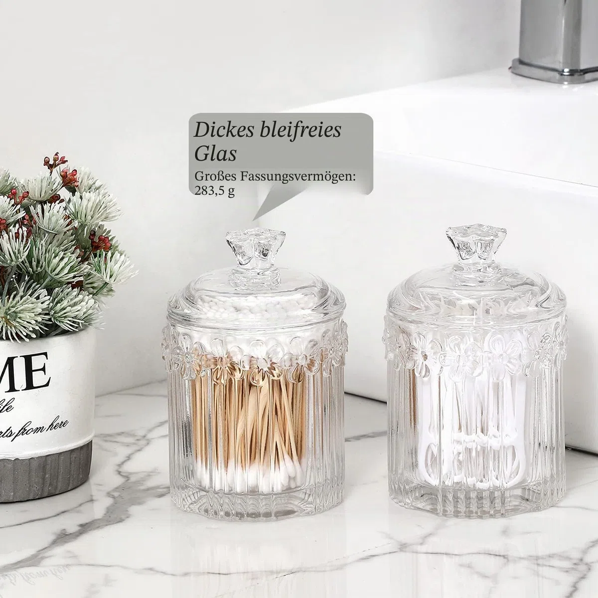 rejomiik Qtip Apothekergläser aus Glas mit Deckel, Badezimmer-Zubehör, Kosmetik-Organizer und Make-up-Aufbewahrungsbehälter für Wattestäbchen, Bälle, Pads, Zahnseide-Picker, Süßigkeiten, transparent