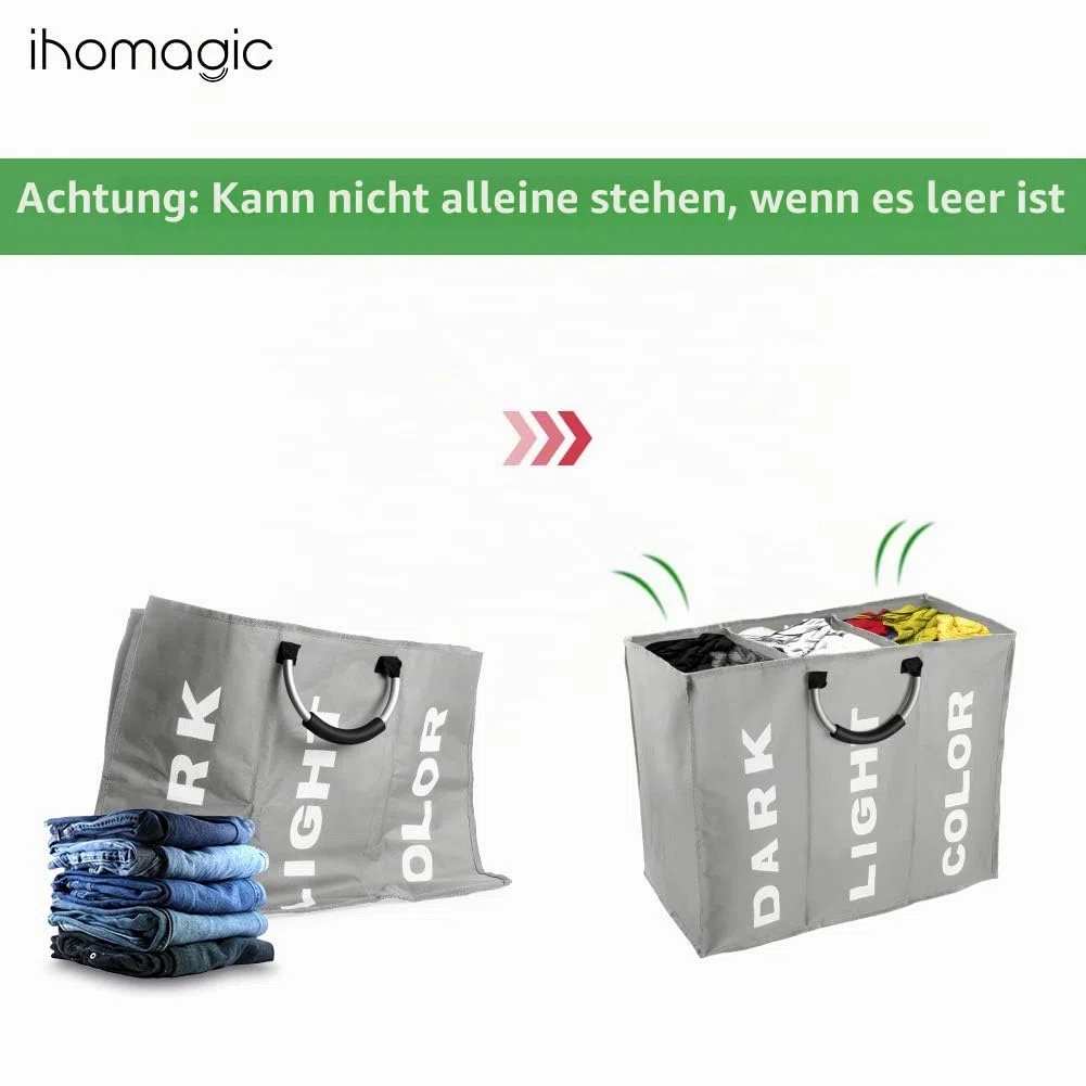 Wäschesortierer 3 Fächer, Faltbarer Wäschekorb Sortierer, Hell Dunkel Wäschesammler, 3 Fach Braun Kinderzimmer Kinder Baby Wäschebox, Wäschesack Wäschetasche Stoff Groß, 90L, 60×32×49cm, Grau