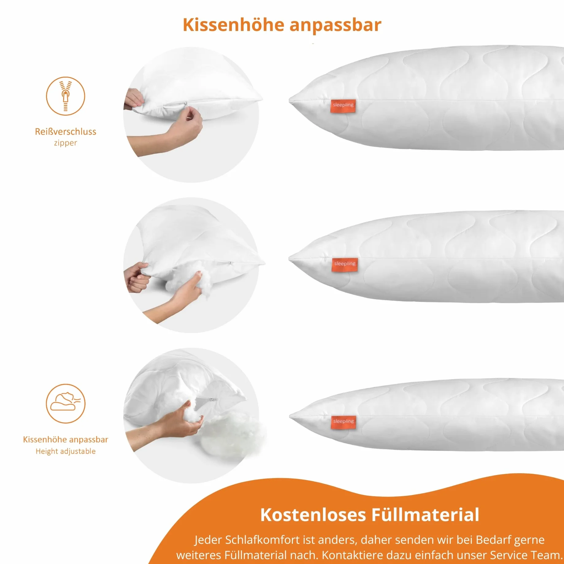 sleepling Kopfkissen 40x80 cm 2er Set, Allergiker Kissen, waschbar, Made in EU, Ökotex, langes Schlafkissen 40 x 80, Bettkissen, Pillow, 2 Stück, Komfort 100