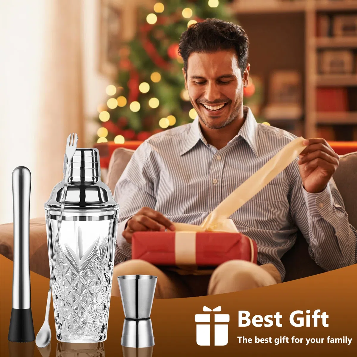 OUZHOU Cocktail Shaker, 4 Stück Cocktail Set Cocktail Shaker Glas mit Auslaufsicherem Edelstahl-Deckel, Boston Shaker Coktailshakerset mit Weinmessbecher Rührstäbchen Eisstampfer für Haus und Bar