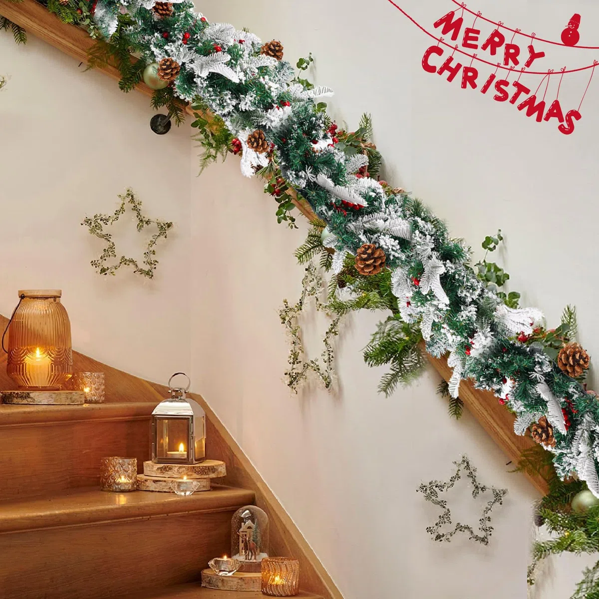 Weihnachtsgirlande Girlande Weihnachten 180cm Weihnachtsdekoration Kunstpflanze Rattan-Kugeln für Weihnachtsbaum, Kamine, Treppen, Türen, Weihnachtsbaum, Garten, Hof, Dekoration