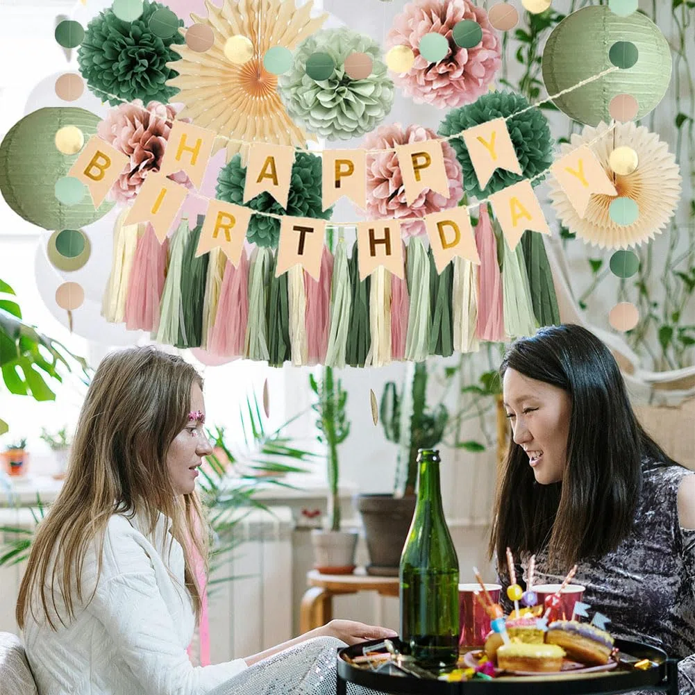 Geburtstagsdeko Salbeigrün Rosa Mädchen Party Deko Geburtstag Grün Rosa Frau Retro Boho Geburtstagsdeko Olivgrün Rosa mit Happy Birthday Banner Beige Gold Salbei Creme Dusty Rose Quaste Girlande