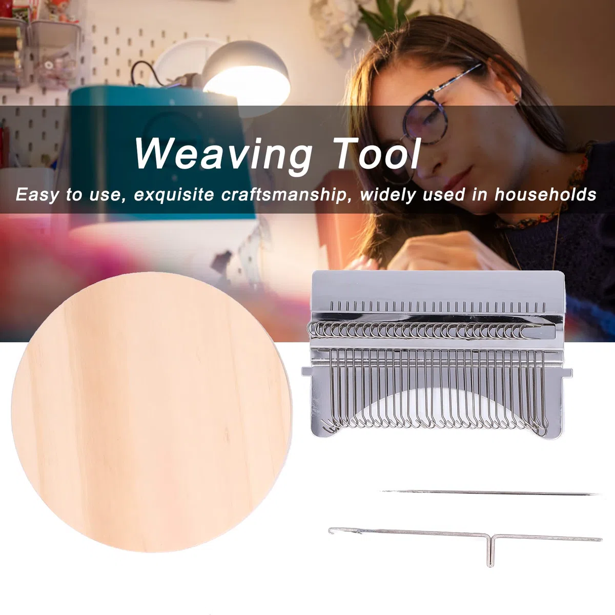 Kleiner Webstuhl, Mini Loom Machine Speedweve aus Edelstahl Klein Webstuhl mit Runde Holzplatte DIY Holz Weben Small Loom für Anfänger zum Ausbessern von Jeans, zum Reparieren von Löchern (28 Haken)