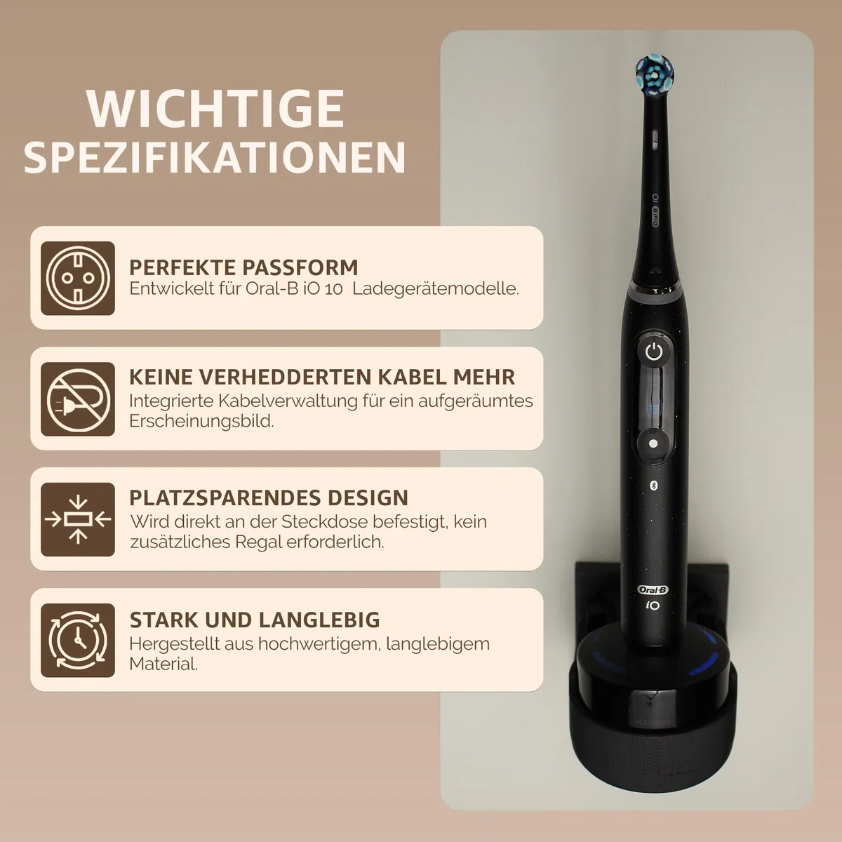 Halterung passend für Oral-B iO 10 – Zahnbürstenhalter – Steckdosenhalterung ohne Bohren – Zahnbürstenständer mit Kabelführung – Platzsparend & hygienisch – 3D-Druck - Made in Germany – Schwarz