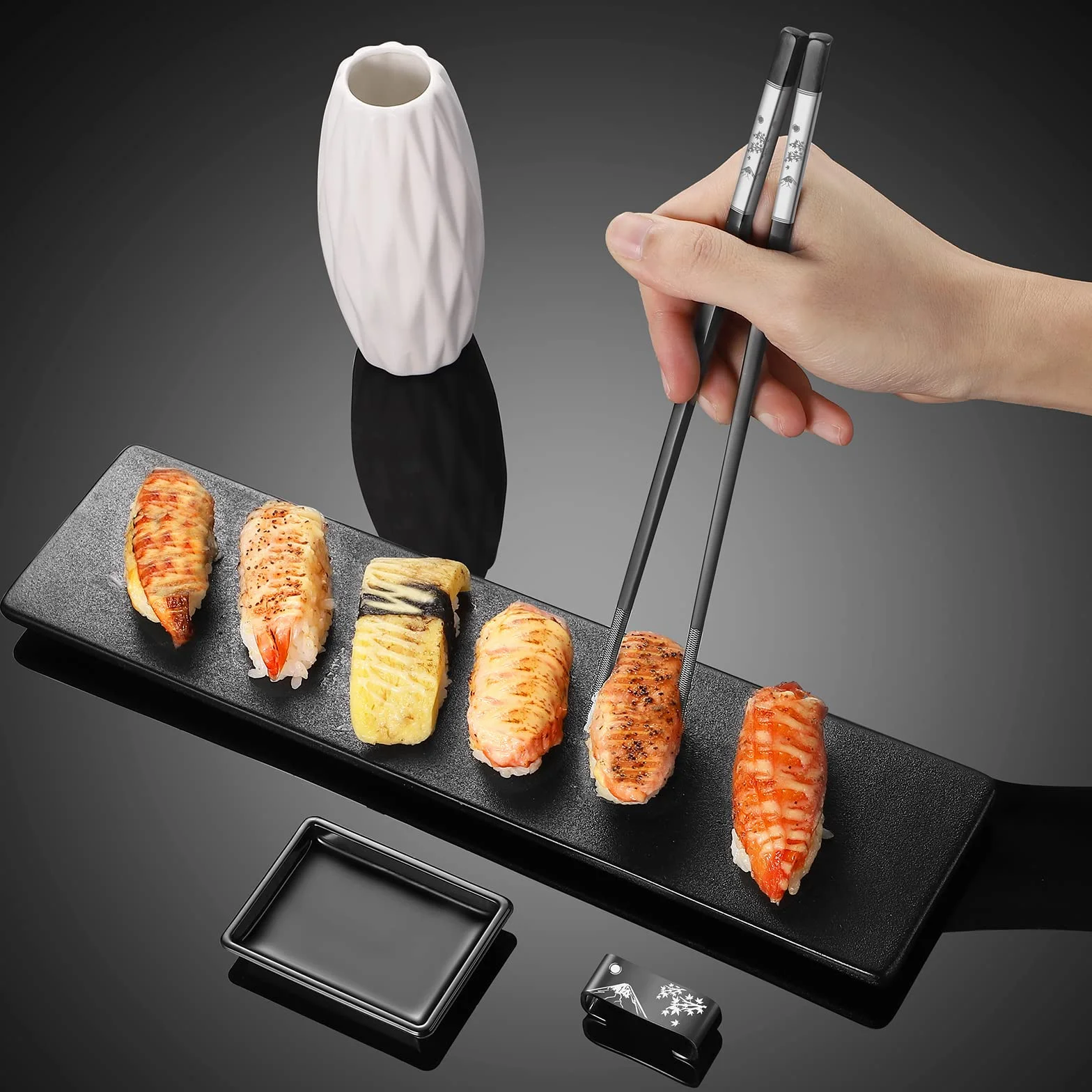 Wiederverwendbare Essstäbchen - 2 Paar Titan 18/8 Edelstahl Mit Halter, Spülmaschinenfest, Leichte Metall-Stäbchen, Japanisches Geschenkset (Schwarz)
