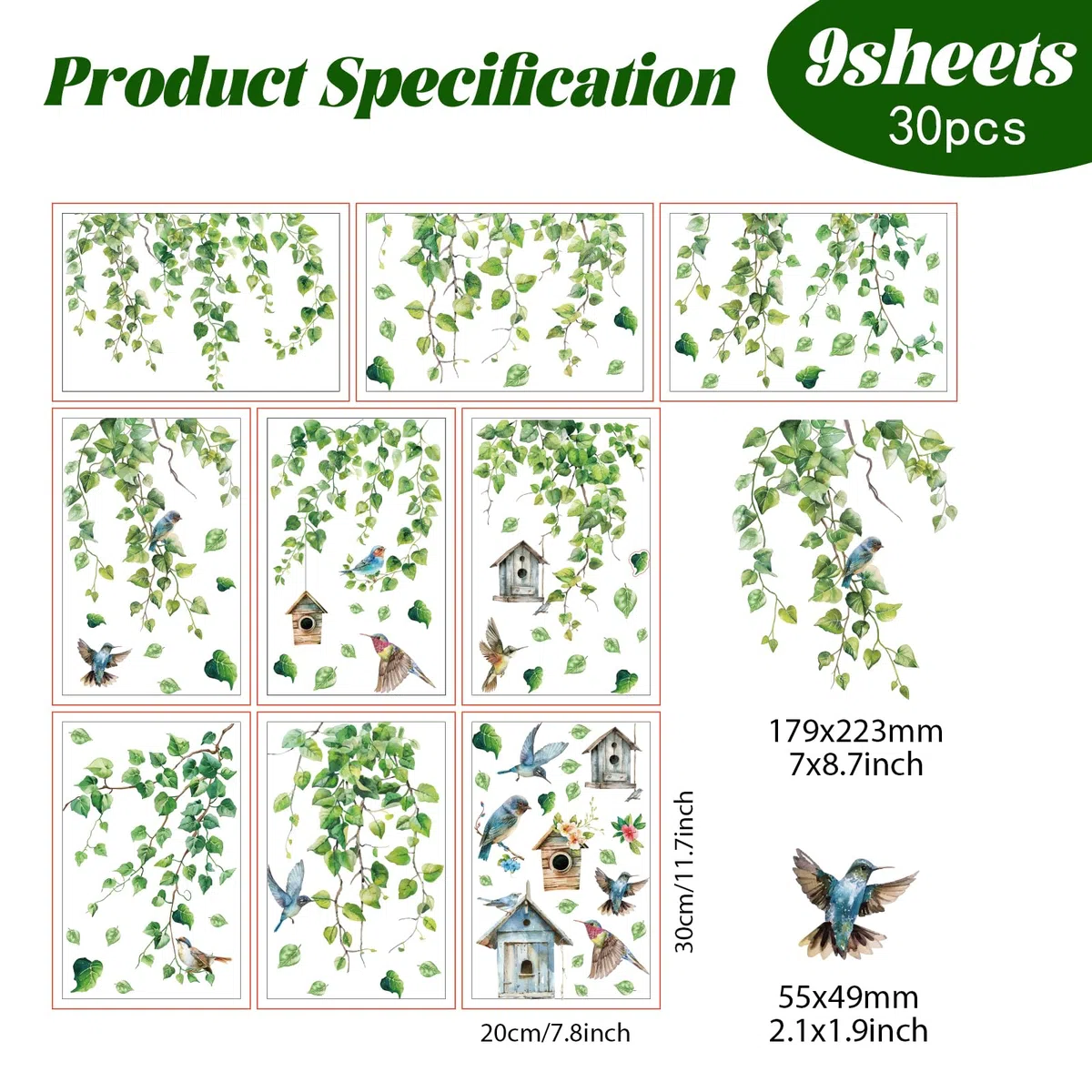 PLIGREAT 9 Blätter Hängende Grüne Rebe Fensterklammern Vögel Blumenkäfig Fensteraufkleber Selbstklebende DIY Aufkleber für Schlafzimmer Home Fenster Dekor Store Display Glastür Dekorativ