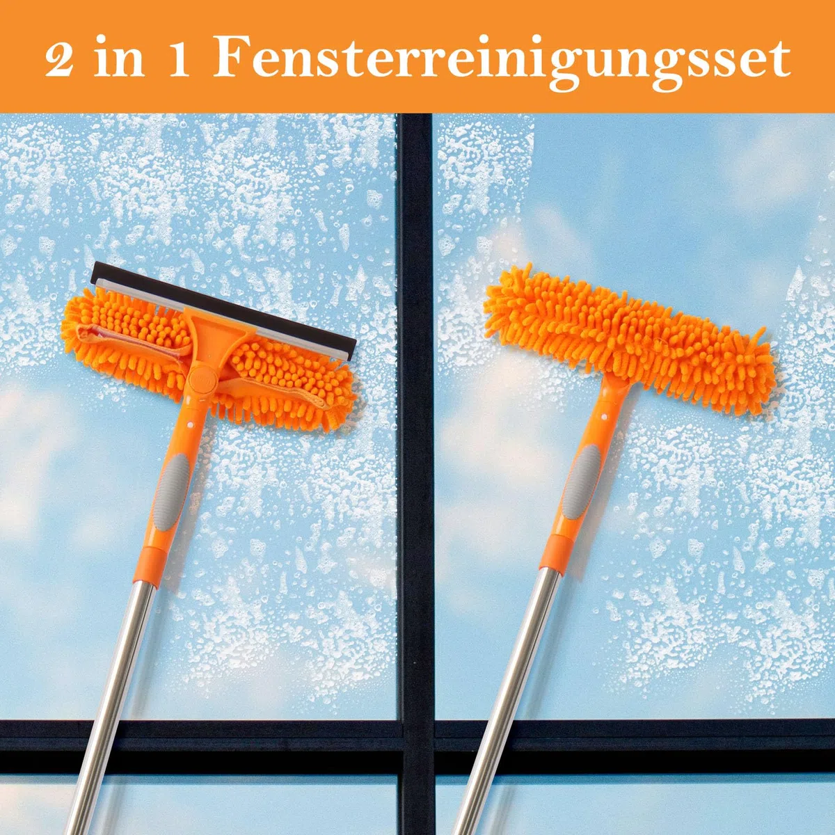 Terafeels 170cm Teleskop Fensterwischer Abzieher Set, 2 in 1 Teleskopstange Fensterreinigung ür Innen und Außen Hohe Fenster Autoglas (Orange)