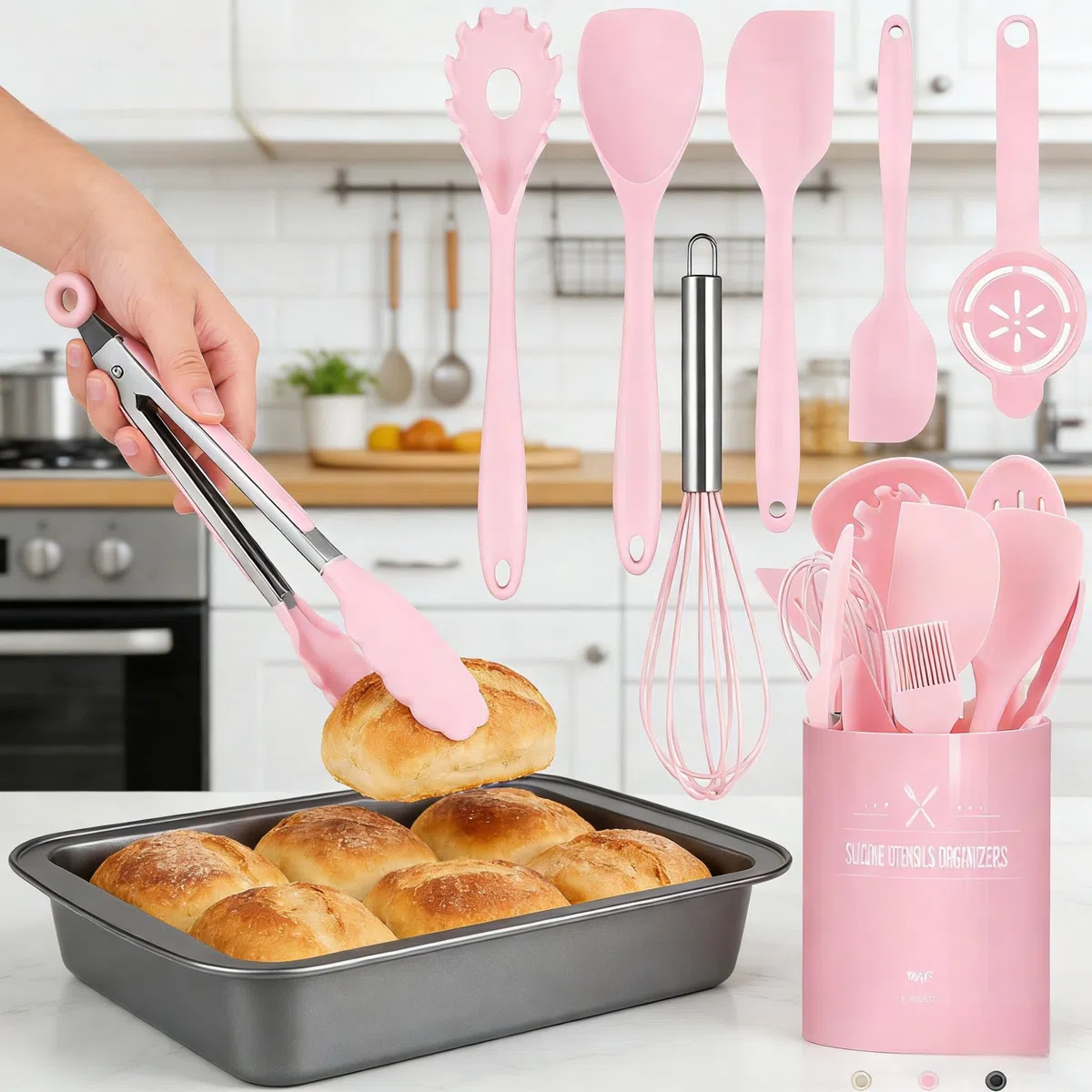 12 Stück Küchenhelfer Set, Silikon Küchenutensilien, Antihaftbeschichtet Kochlöffel Set mit Utensilienhalter, Geeignet Für Kochen (Rosa)