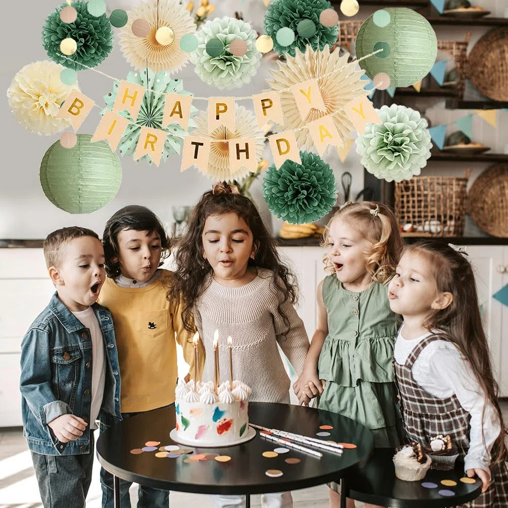 Geburtstagsdeko Grün Beige Mädchen Retro Olivgrün Geburtstagsdeko Salbeigrün Geburtstag Frauen Deko Salbei Creme Party mit Happy Birthday Banner Beige Gold