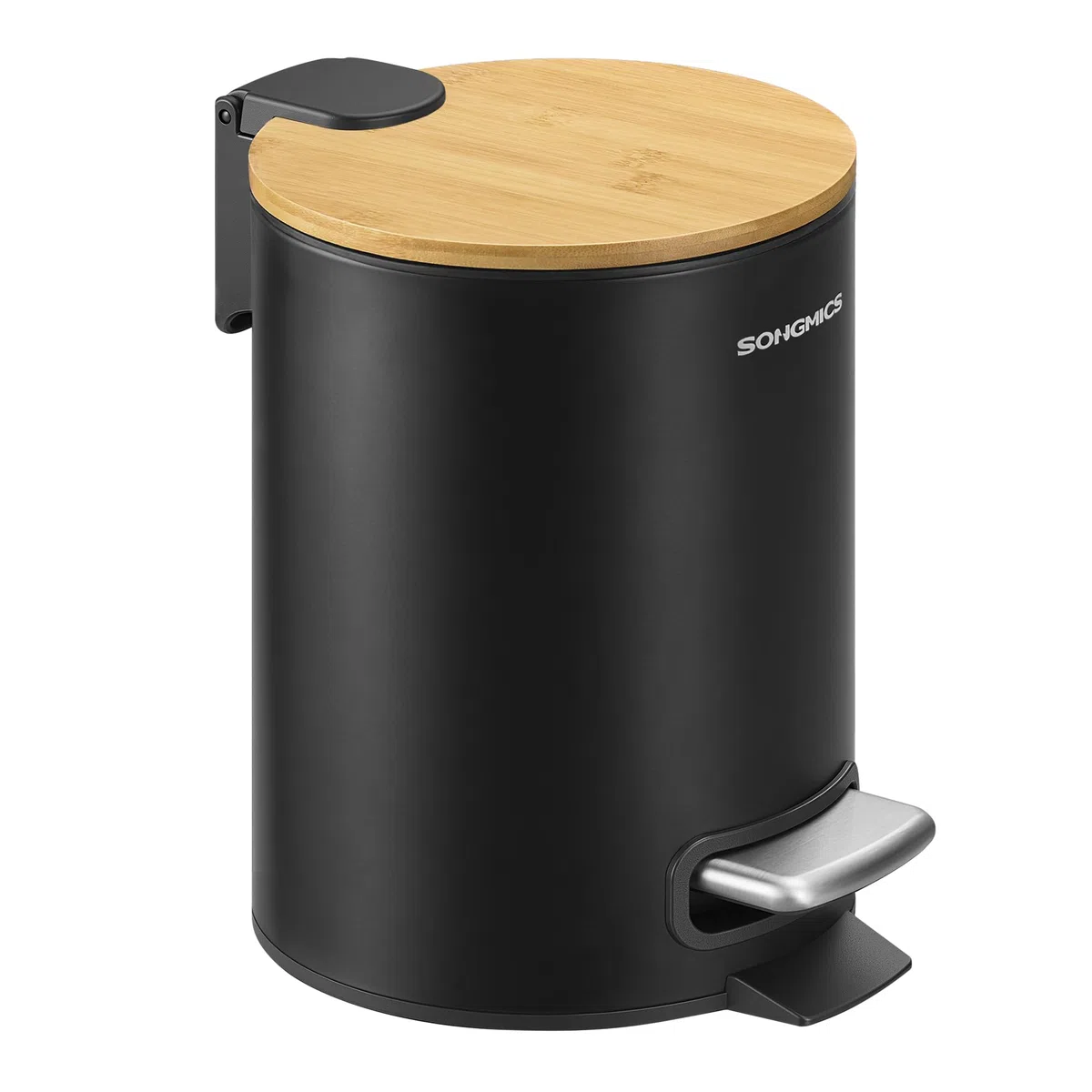 SONGMICS Kosmetikeimer, Mülleimer Bad, mit Deckel aus Bambus, Tretmülleimer mit Metallpedal, Inneneimer herausnehmbar, Softclose, für Badezimmer, 3 Liter, tintenschwarz LTB113BZ01