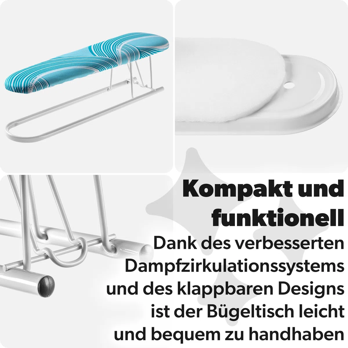KADAX Bügelbrett 53x13cm mit Ärmelbügelbrett - Stabiler Bügeltisch für Dampfbügelstation, klappbar, höhenverstellbar, mit hitzebeständiger Bügeleisenablage