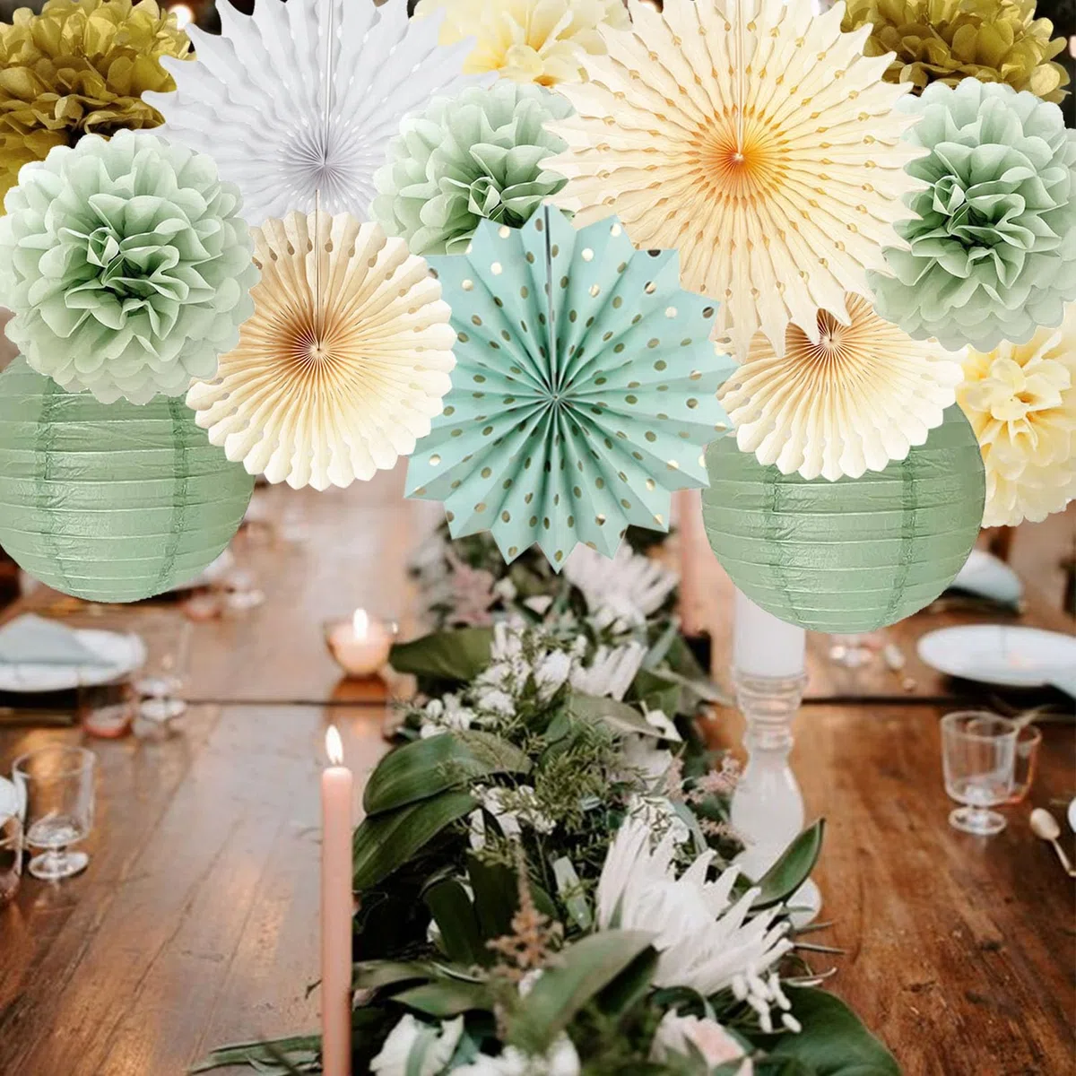 Salbeigrüne Partydekorationen Salbeigrünes Creme Gold Seidenpapier Pom Poms Papierfächer Olive Salbei Gold Kreispunkte Girlande für Salbei Geburtstag Babyparty Verlobung Brautparty Hochzeitsparty