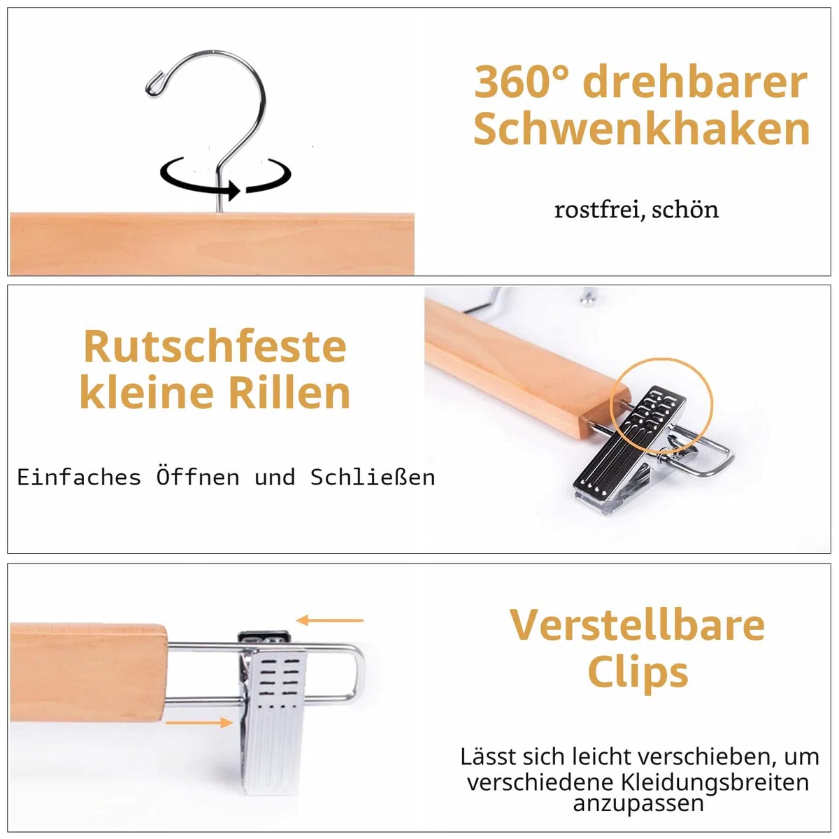 Amber Home 10 Stück 36cm Natürliche Kleiderbügel aus Holz, Robust und Glänzend Hosenbügel Aufhänger für Hosen Shorts Rock Socken Unterwäsche, mit rutschfest Clips und Drehbar Haken