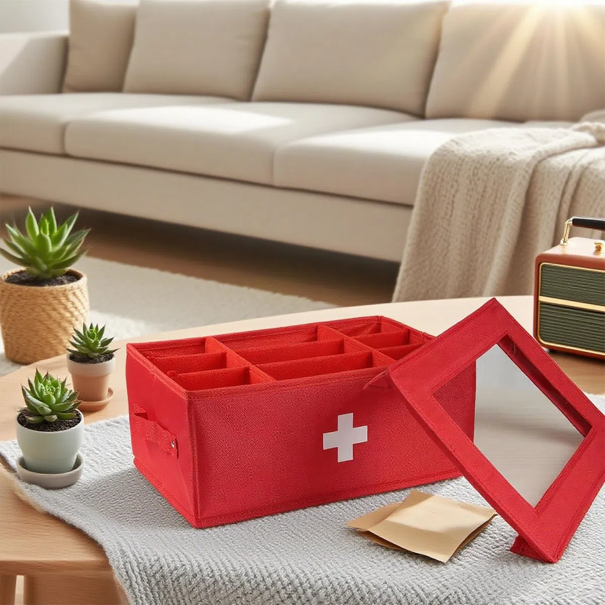 Hausapotheke Box mit Fächern und Griff – Medizinbox aus Stoff mit Deckel und herausnehmbaren Trennwänden – Praktischer Medizin Organizer für Zuhause Auto Reise und Büro
