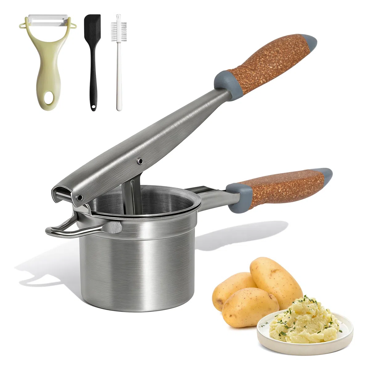 Kartoffelpresse Edelstahl mit fester Scheibe, Robuster Kartoffelstampfer mit Holz-Kunststoff-Griff, Inkl. Keramikschaber, Silikonspatel & Reinigungsbürste für Kartoffelpüree