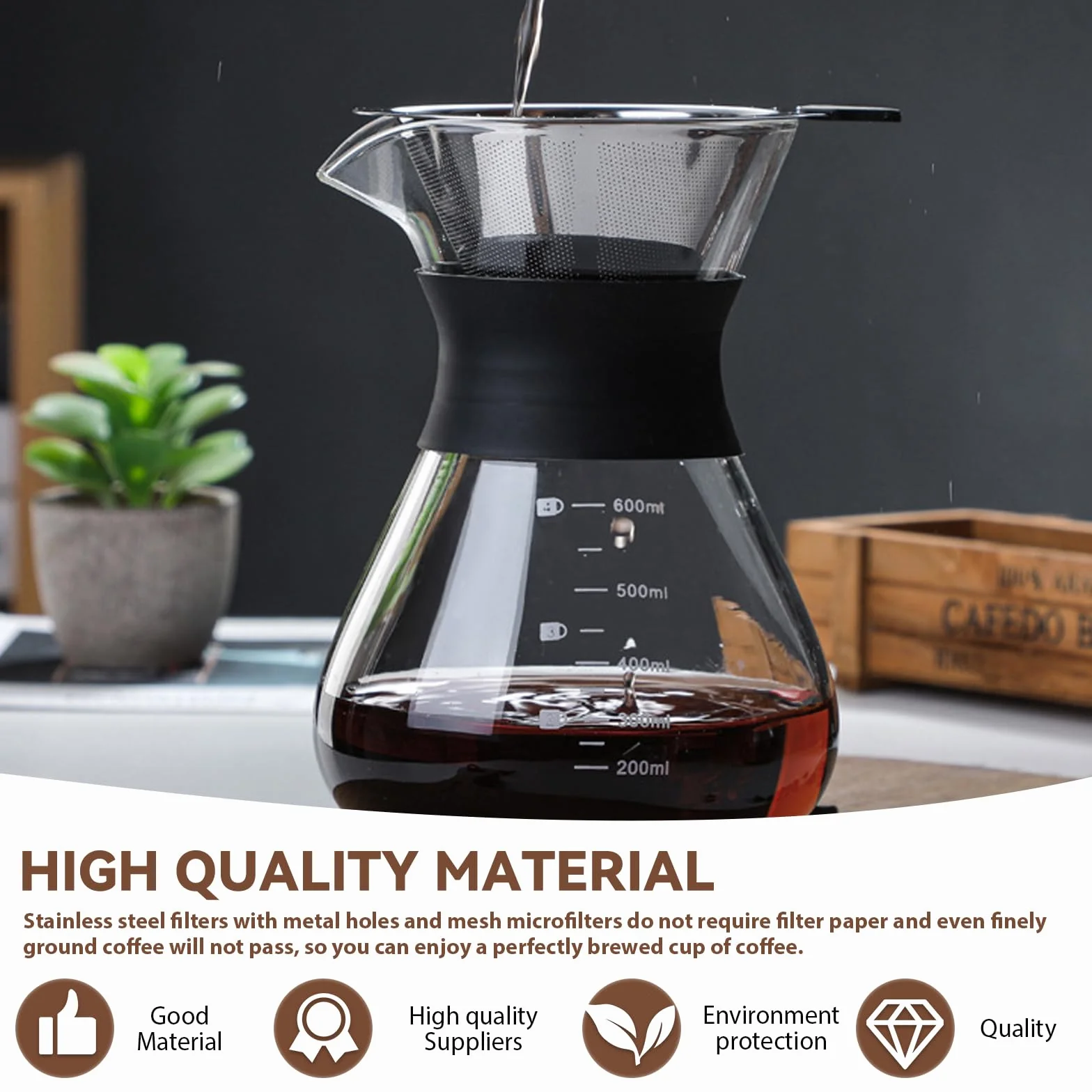 Pour Over Kaffeebereiter, 600ml Kaffeebrüher für Filterkaffee, Hand Kaffee Edelstahl Handfilter Aus Glas Mit Permanentfilter, Kaffeedrip-Brauer, Für Zuhause, Café, Restaurant und Camping, Schwarz