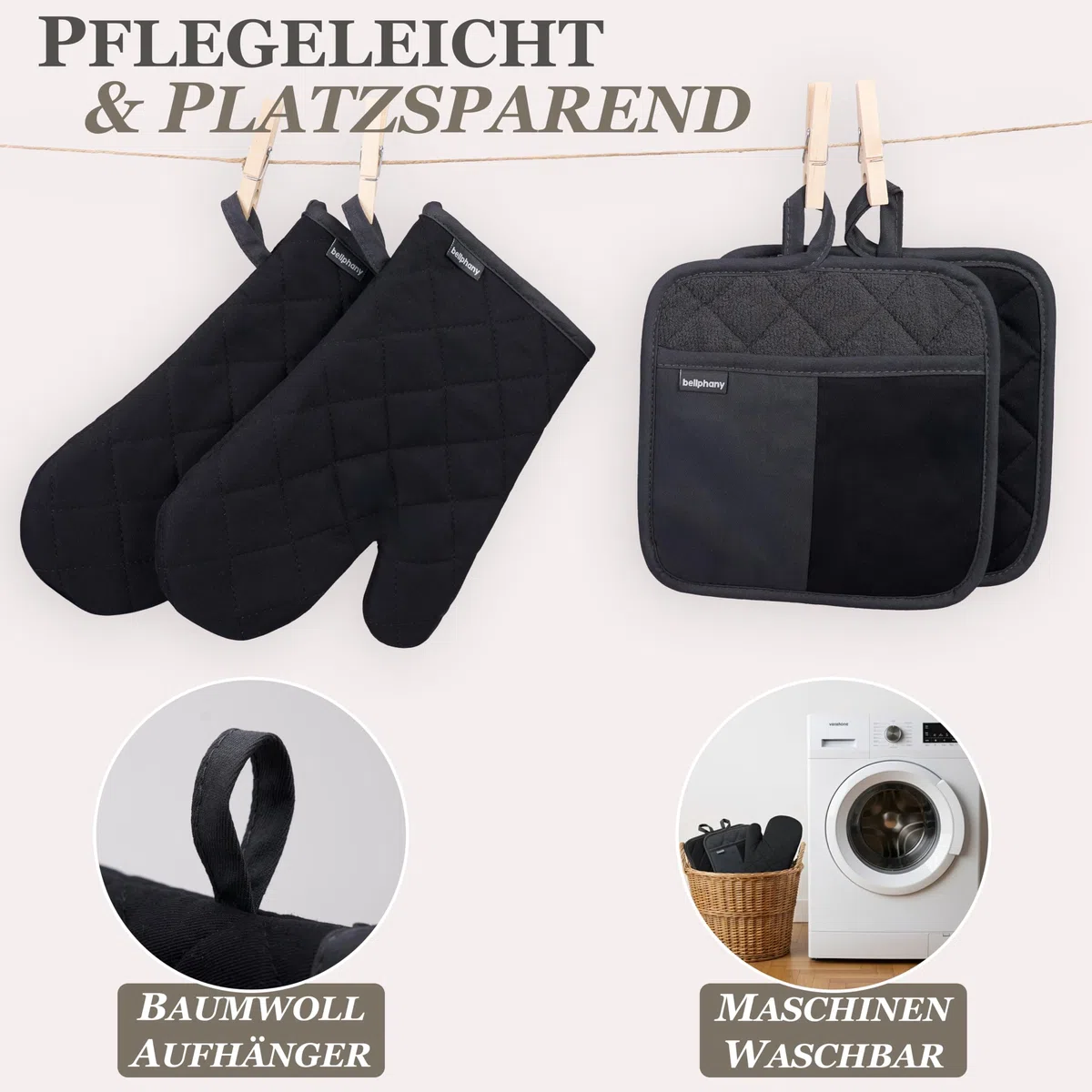 Bellphany Topflappen und Ofenhandschuhe Set - Topfhandschuhe zum Kochen & Backen, Backhandschuhe aus Baumwolle, hitzebeständig bis 250°C, Schwarz