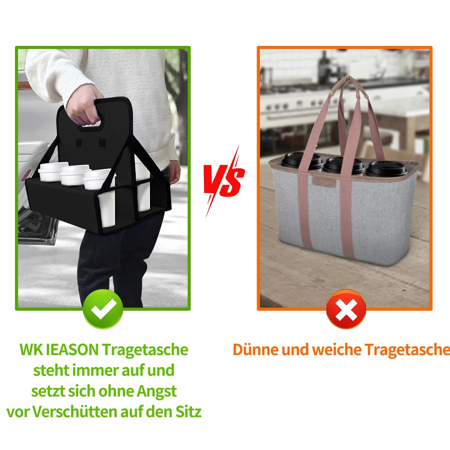 Boczif Tasse Caddy Tragbarer Getränketräger oder Dosen Wiederverwendbar, Becherhalter mit Griff, Tragen Sie Kaffee, Wein, Cocktails, sichert Getränke - für Lieferung und zum Mitnehmen (schwarz)