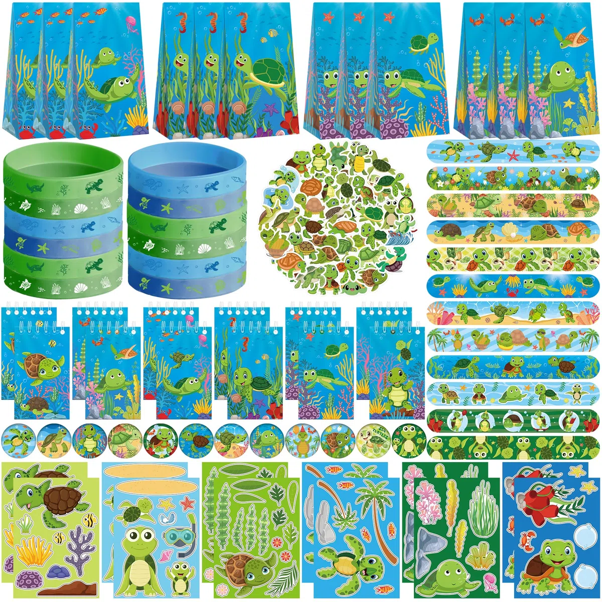 Turtle Party Favour Supplies einschließlich Schildkröte Geschenk-Taschen, Aufkleber, Abzeichen, Armbänder für Schildkröte Thema Geburtstagsparty
