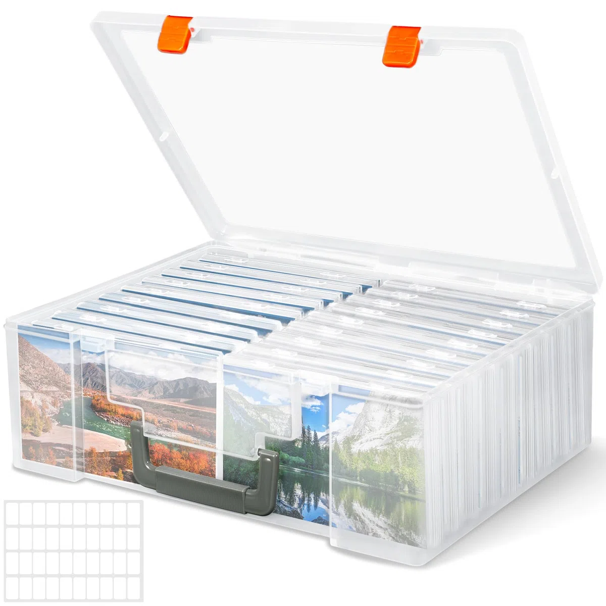 Fotoaufbewahrungsbox, 36,3x26,7x12cm, 18 innere Halter, transparent, mit Aufklebern, Kunststoff-Photo-Organizer für Sammler, Bastelkarten, Bürobedarf